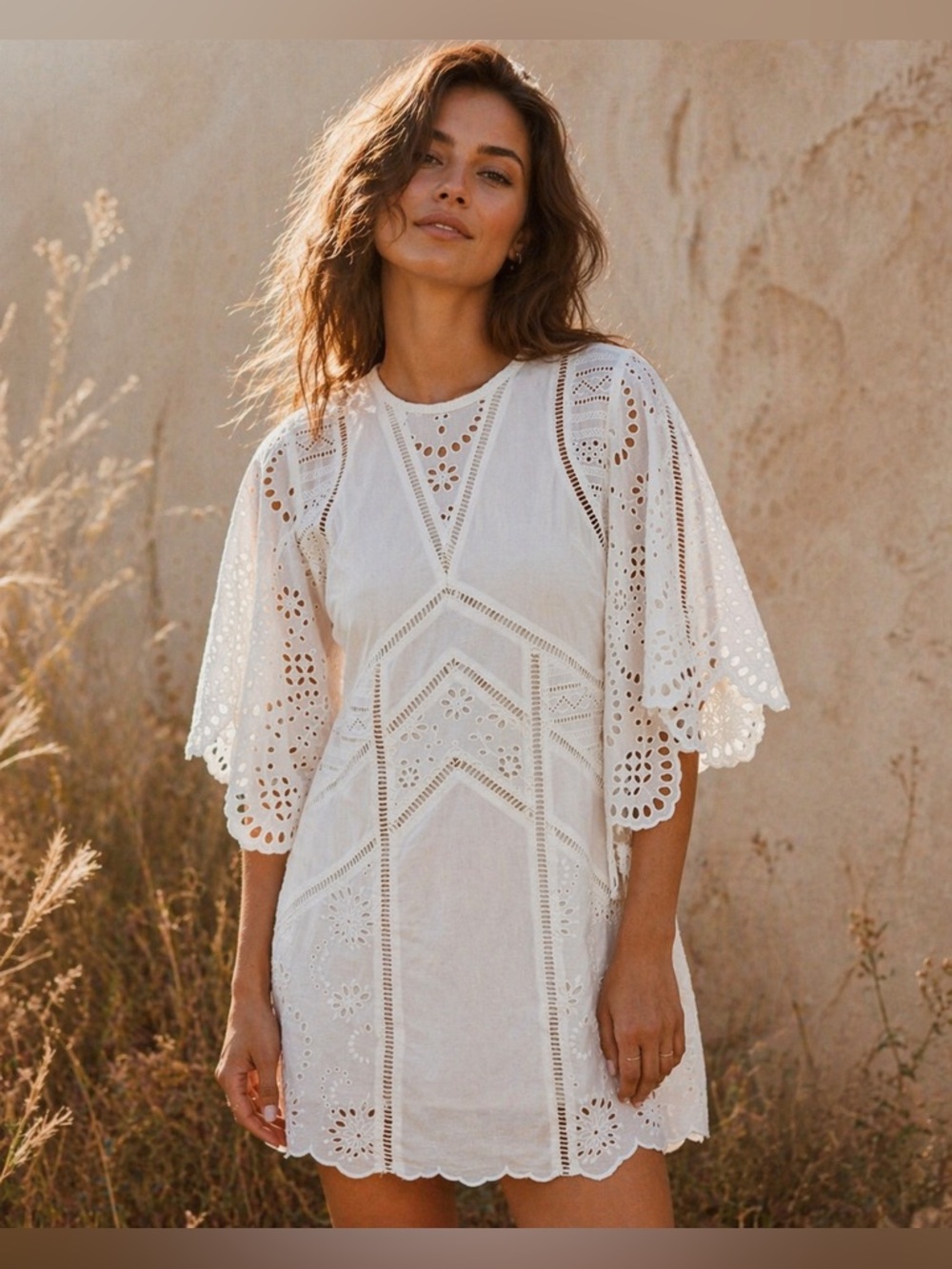 ALLSAINTS White Eyelet Cutout Mini Dress Bridal Graduation Boho Size 4‎